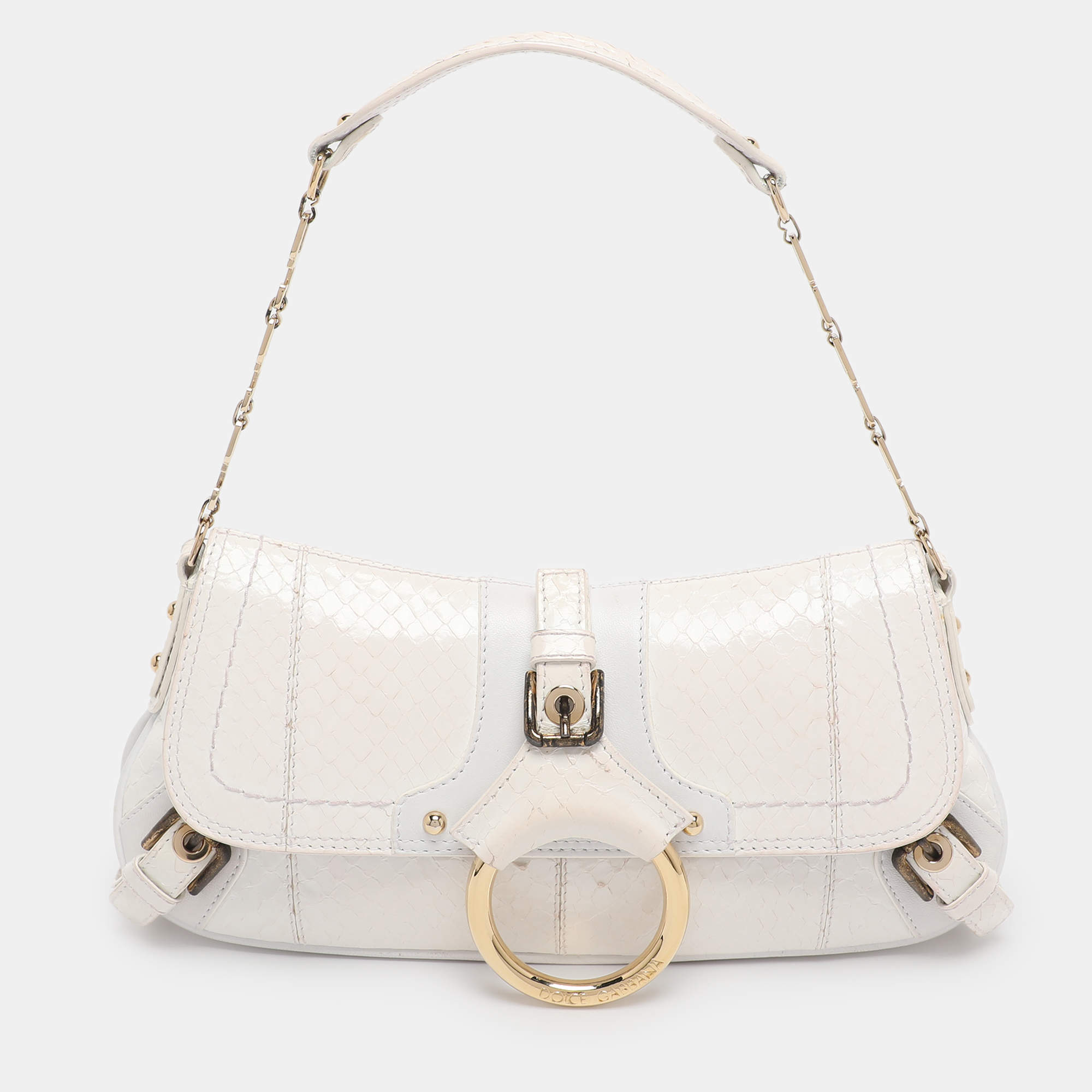 Pre Owned Dolce & Gabbana White Python Leather Small Shoulder Bag
