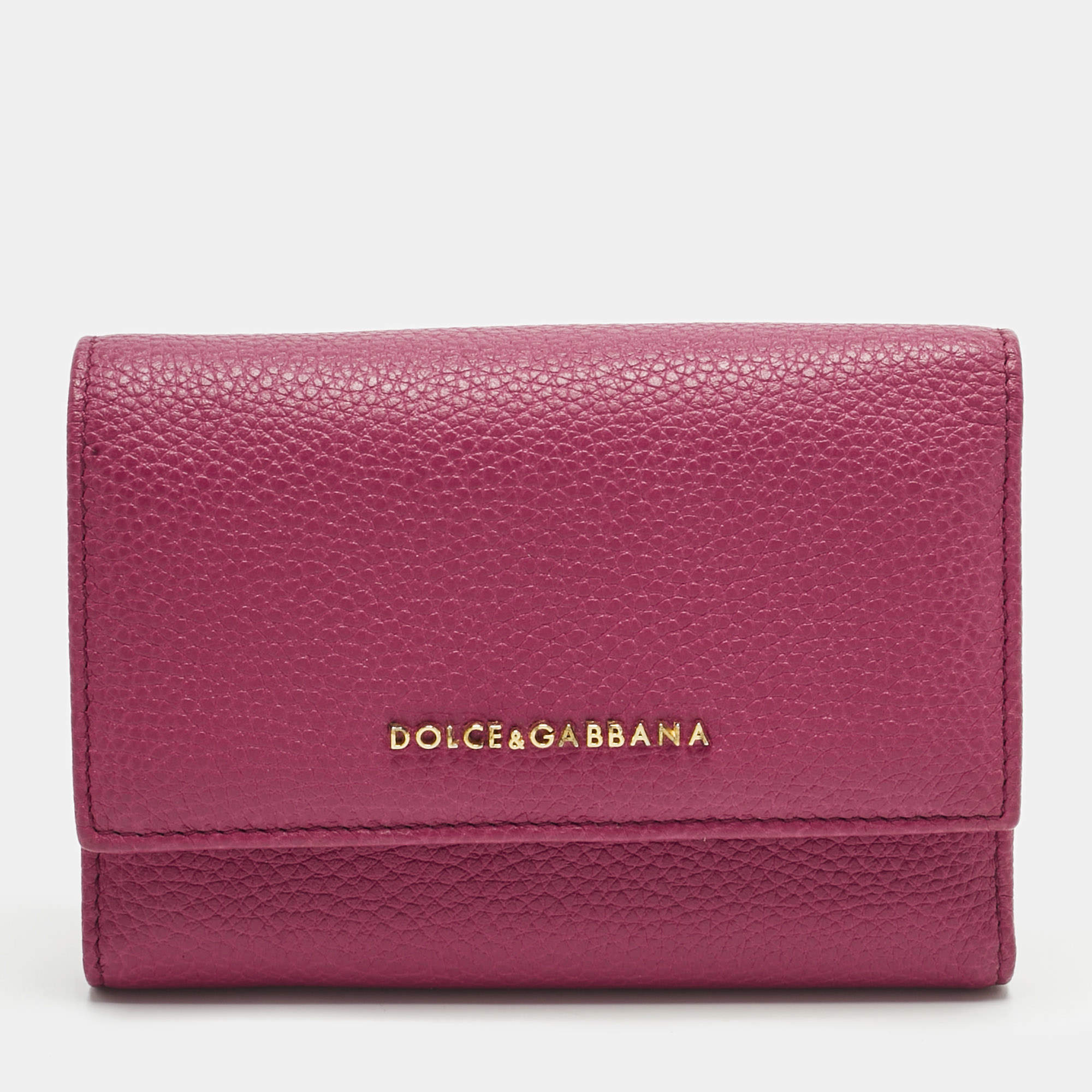 Pre Owned Dolce & Gabbana Pink Leather Logo Trifold Wallet