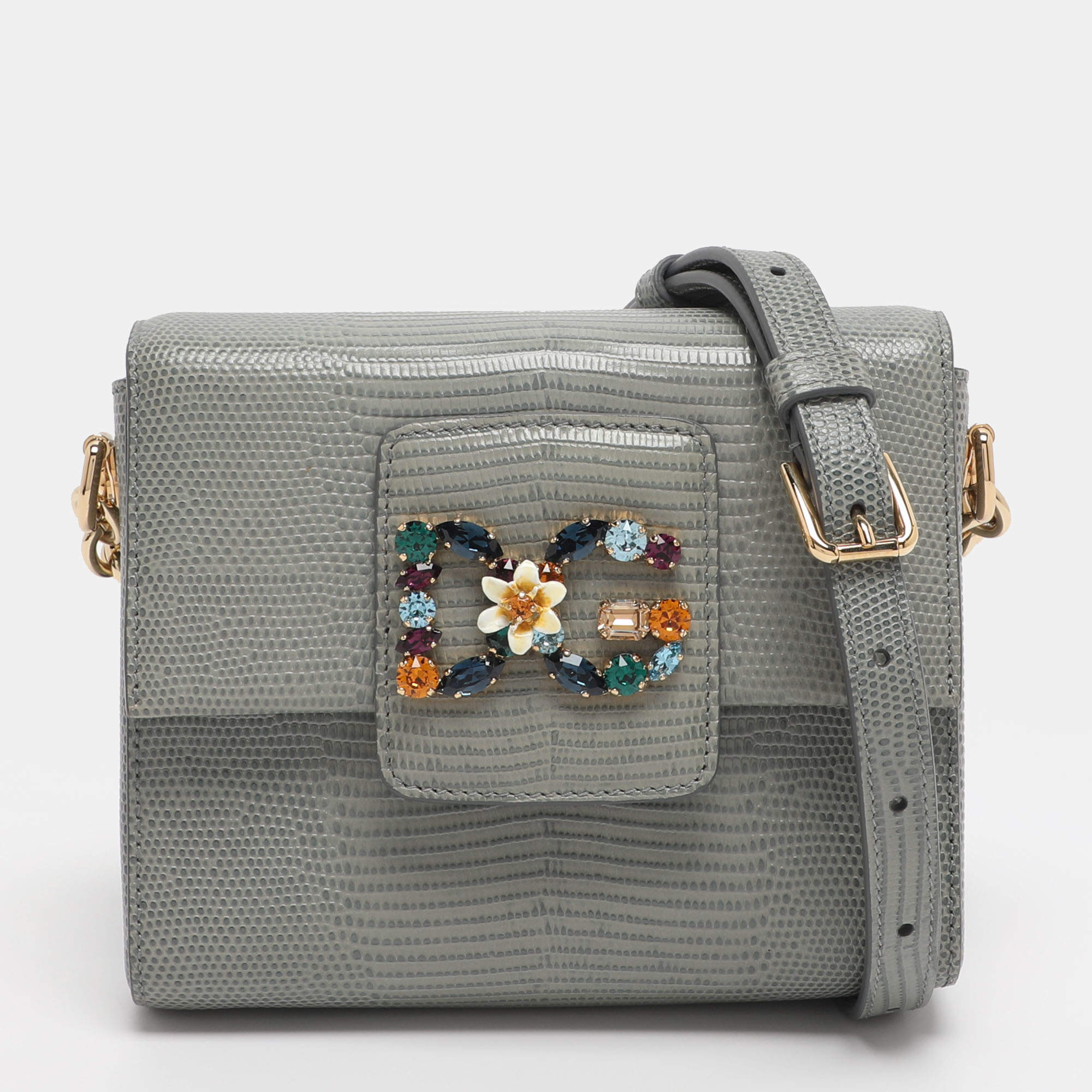 Pre Owned Dolce & Gabbana Grey Lizard Embossed Leather DG Millennials Shoulder Bag