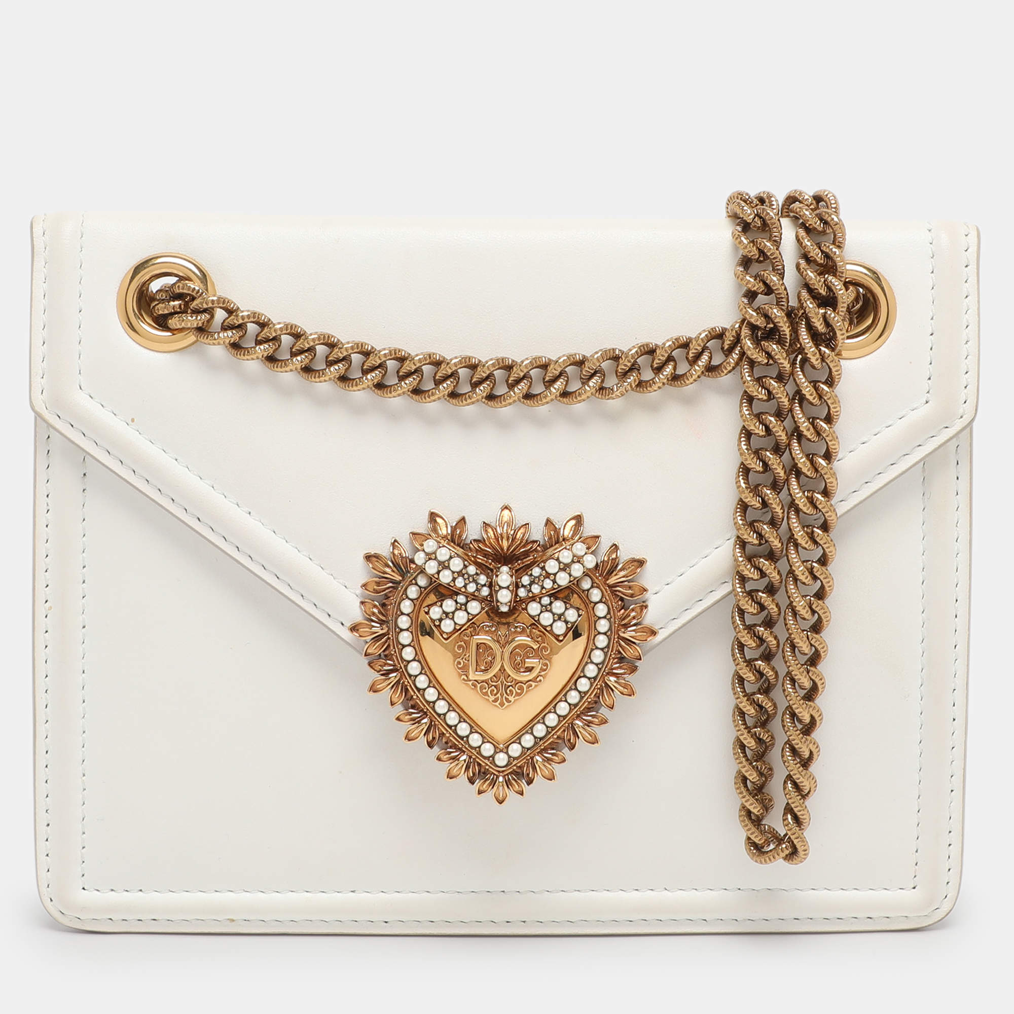 Pre Owned Dolce & Gabbana White Leather Medium Devotion Shoulder Bag