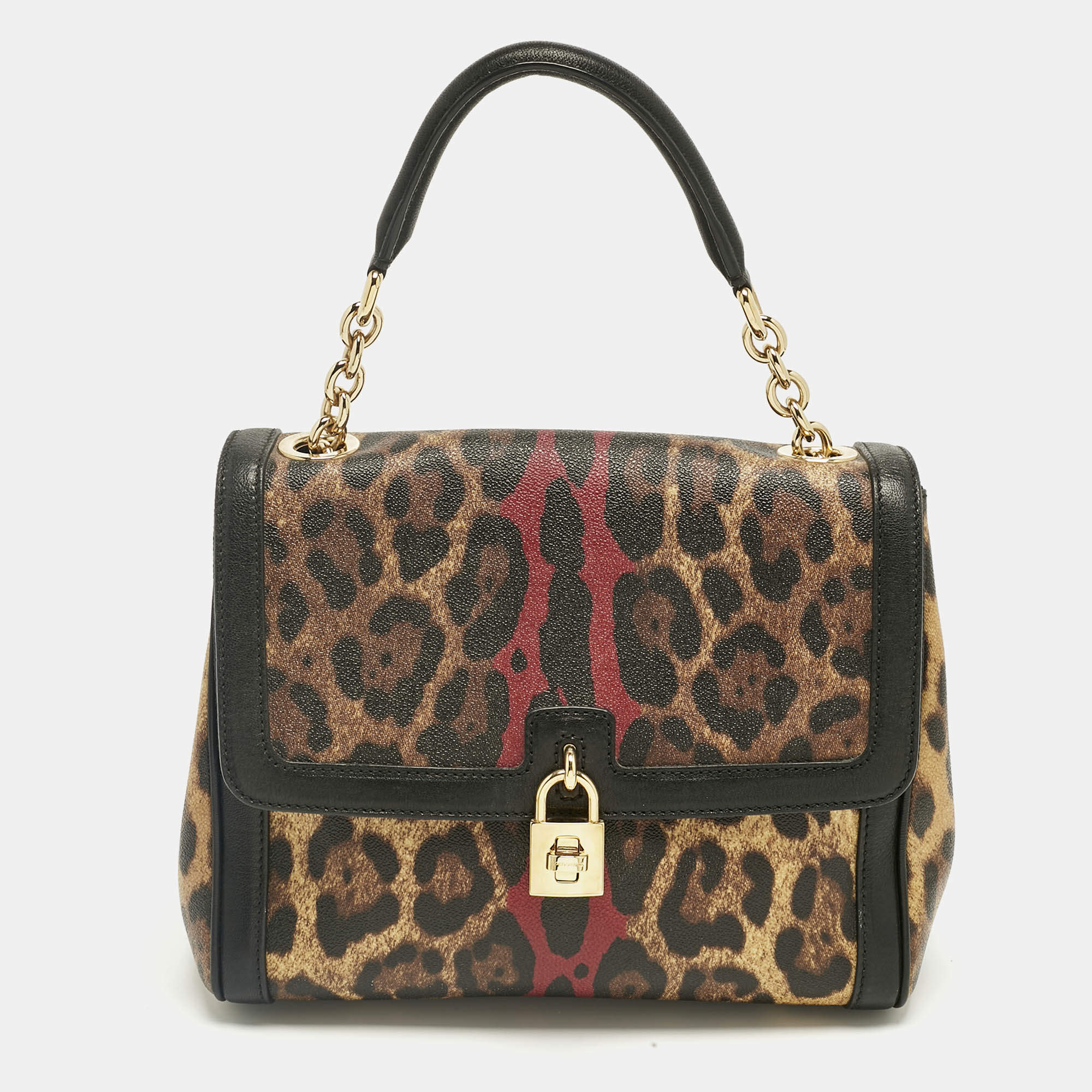 Pre Owned Dolce & Gabbana Black Leopard Print Coated Canvas and Leather Large Miss Bonita Bag
