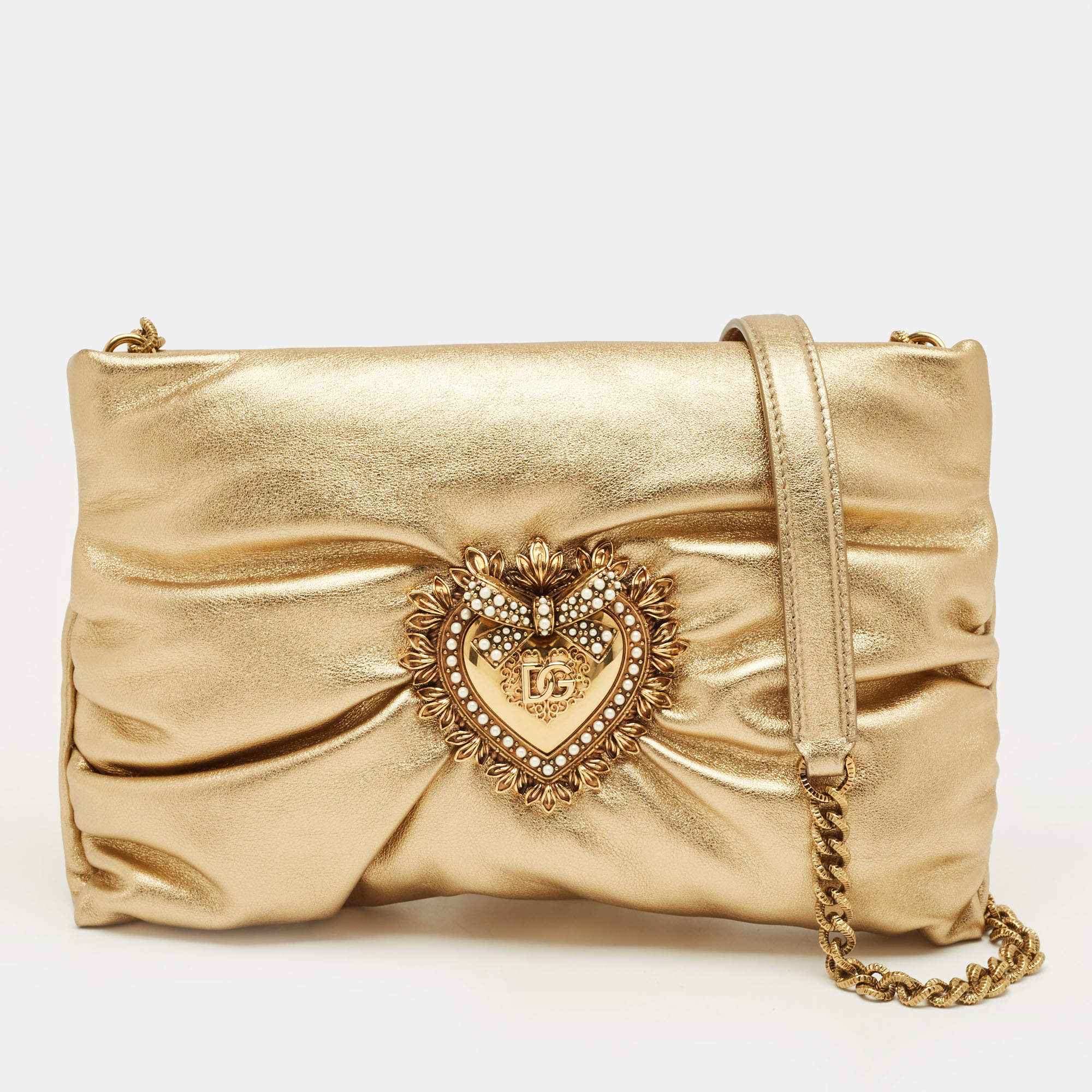 Pre Owned Dolce & Gabbana Gold Leather Soft Devotion Shoulder Bag