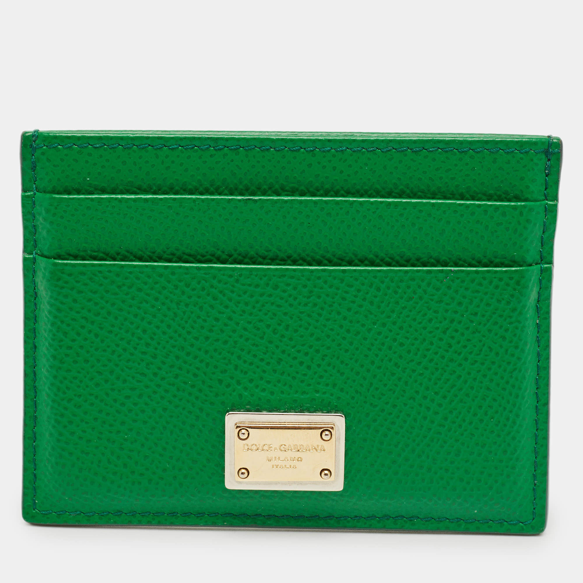 Pre Owned Dolce & Gabbana Green Leather Logo Card Holder