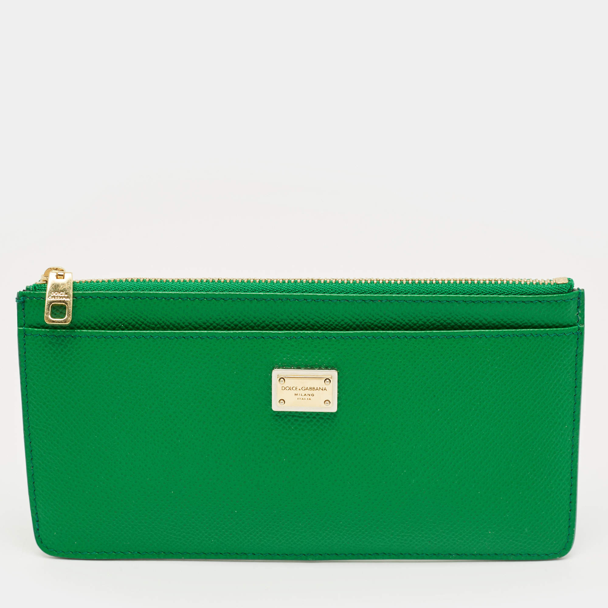 Pre Owned Dolce & Gabbana Green Leather Logo Zip Long Wallet