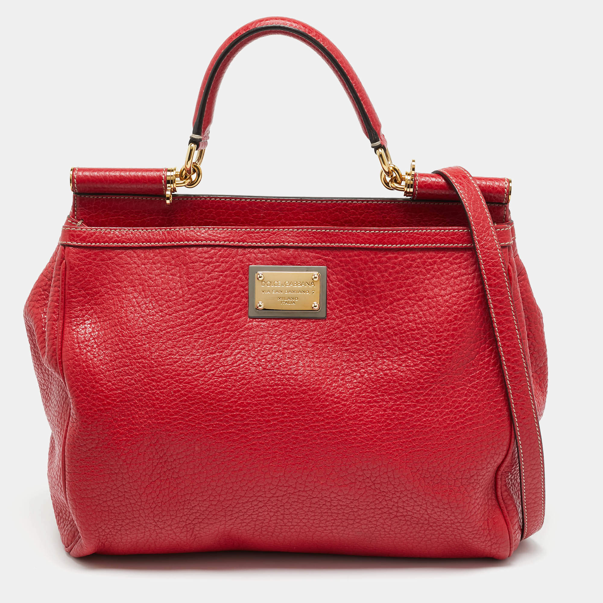 Pre Owned Dolce & Gabbana Red Leather Large Soft Miss Sicily Top Handle Bag