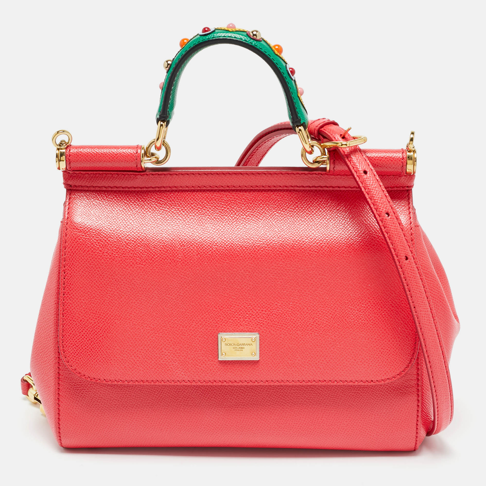Pre Owned Dolce & Gabbana Coral Pink Leather Medium Studded Sicily Top Handle Bag