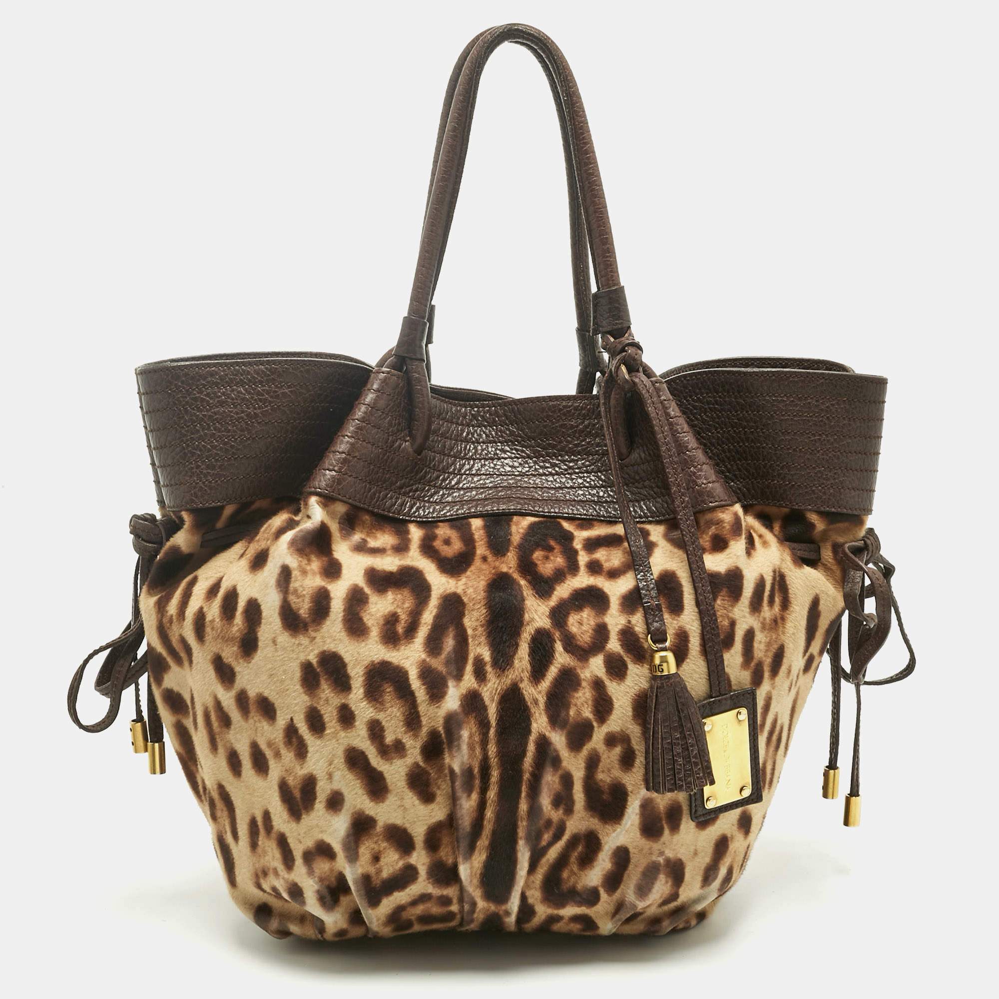Pre Owned Dolce & Gabbana Brown Leopard Calfhair and Leather Drawstring Hobo