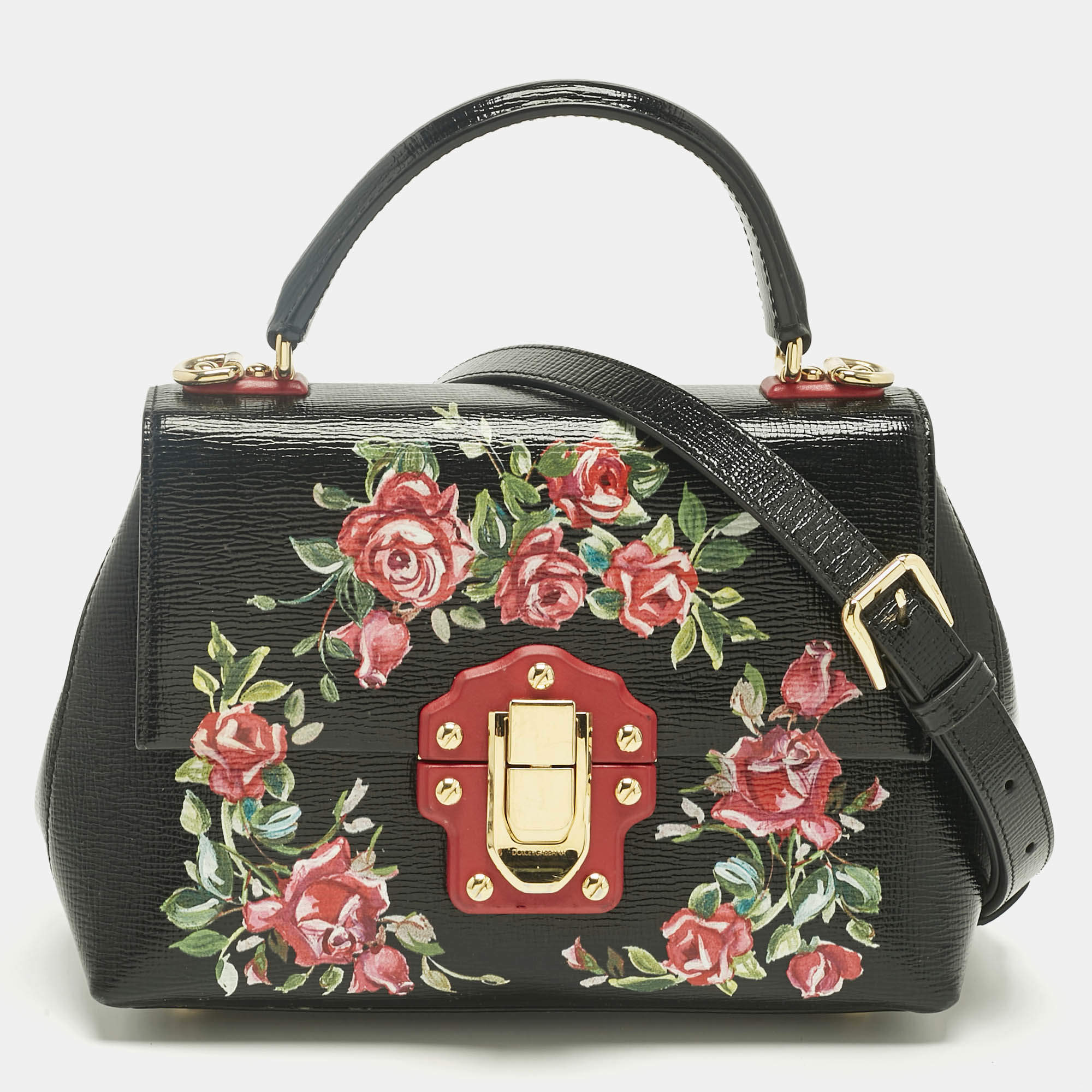 Pre Owned Dolce & Gabbana Black Leather Floral Lucia Top Handle Bag