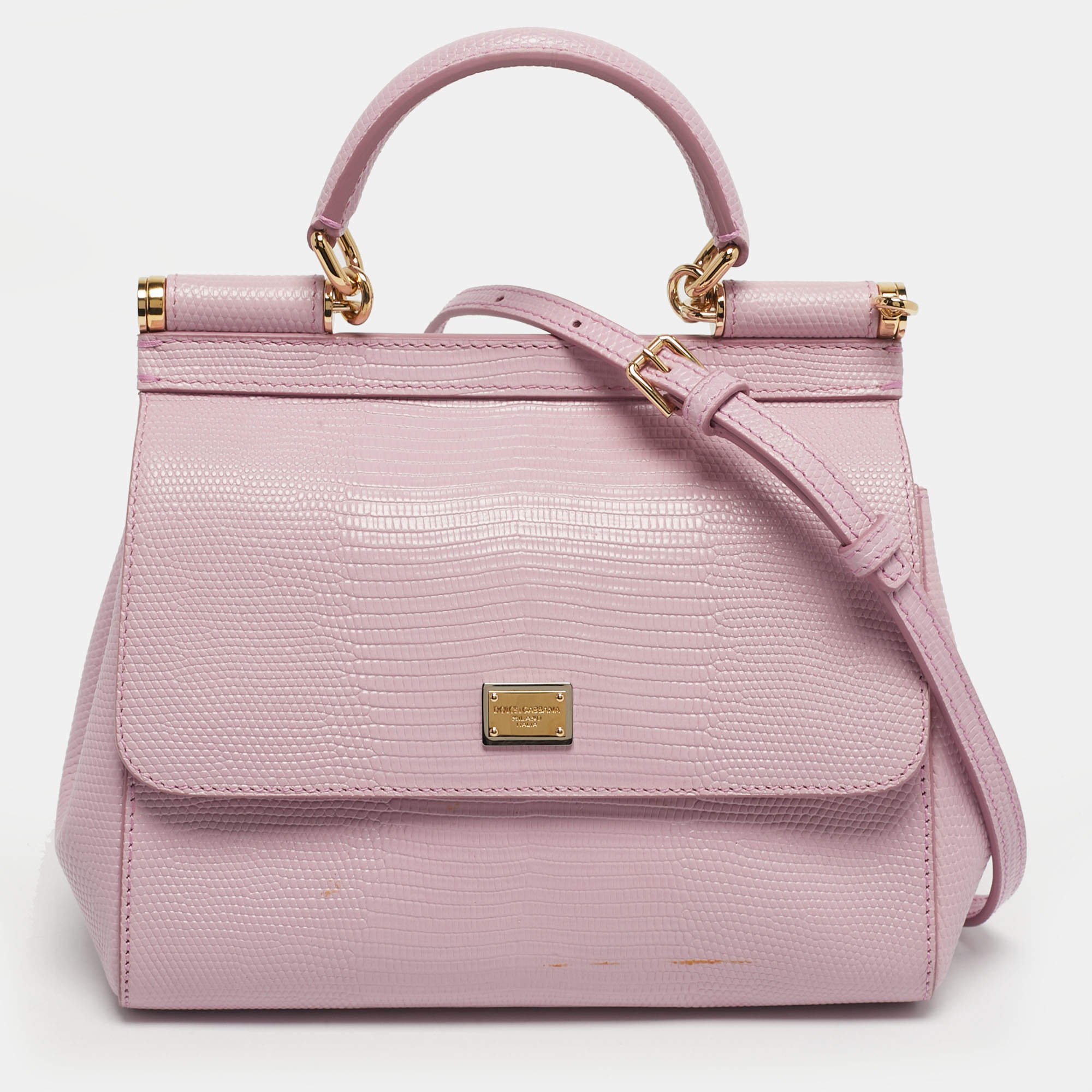 Pre Owned Dolce & Gabbana Pink Lizard Embossed Leather Small Miss Sicily Top Handle Bag
