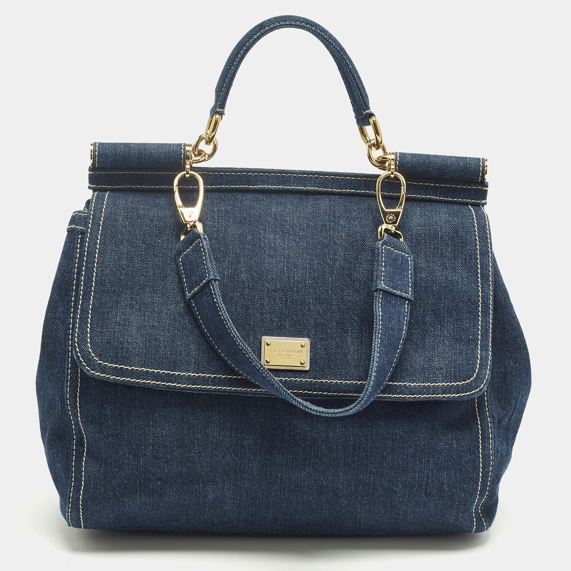 Pre Owned Dolce & Gabbana Blue Denim Large Miss Sicily Top Handle Bag