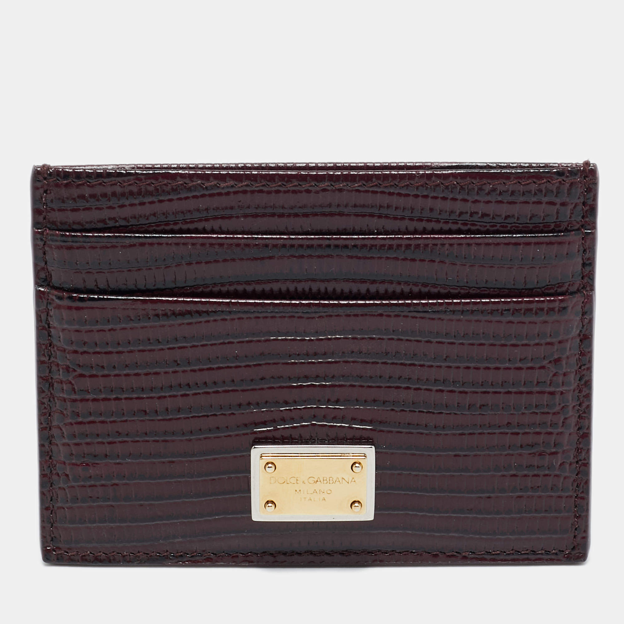 Pre Owned Dolce & Gabbana Burgundy Lizard Embossed Leather Logo Card Holder