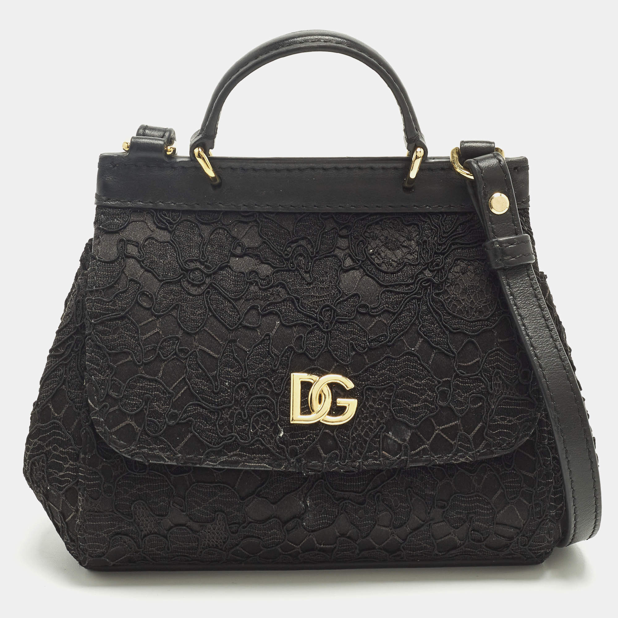 Pre Owned Dolce & Gabbana Miss Sicily Micro Black Lace and Leather Top Handle Bag