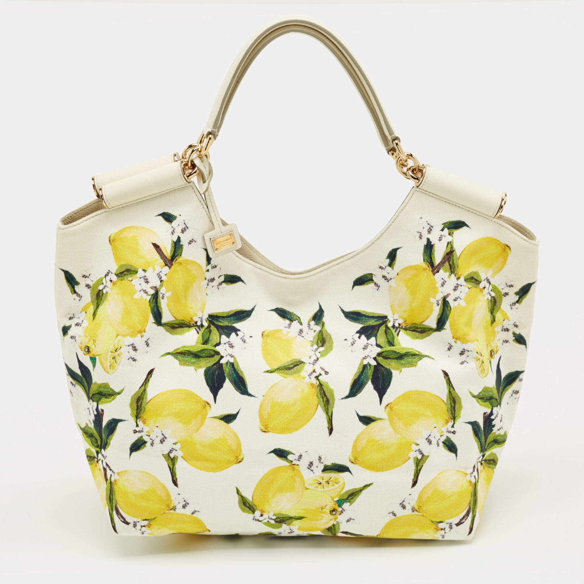 Pre Owned Dolce & Gabbana Yellow/White Lemon Print Canvas and Leather Tote
