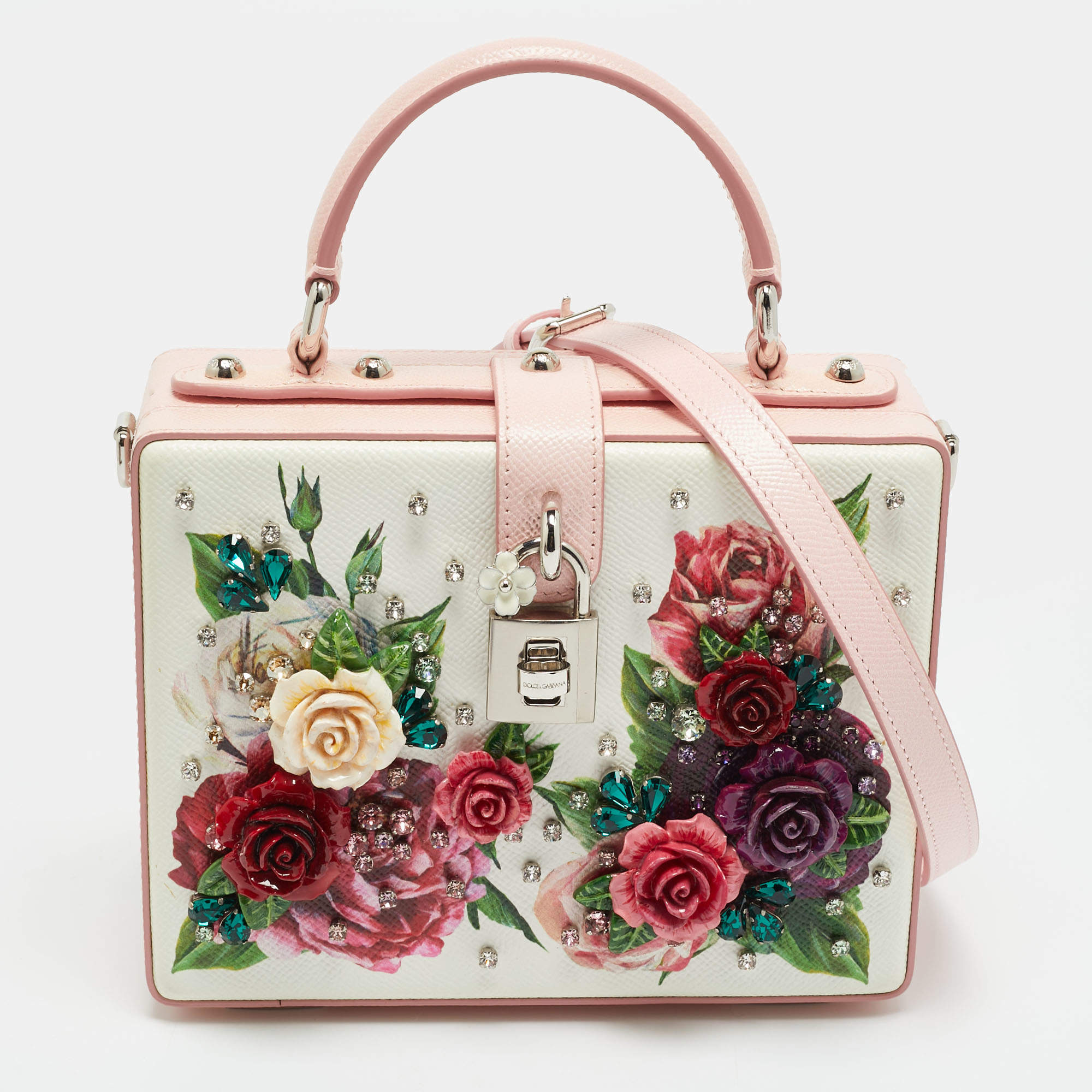 Pre Owned Dolce & Gabbana Dolce Box Pink/White Floral Embellished Leather Top Handle Bag