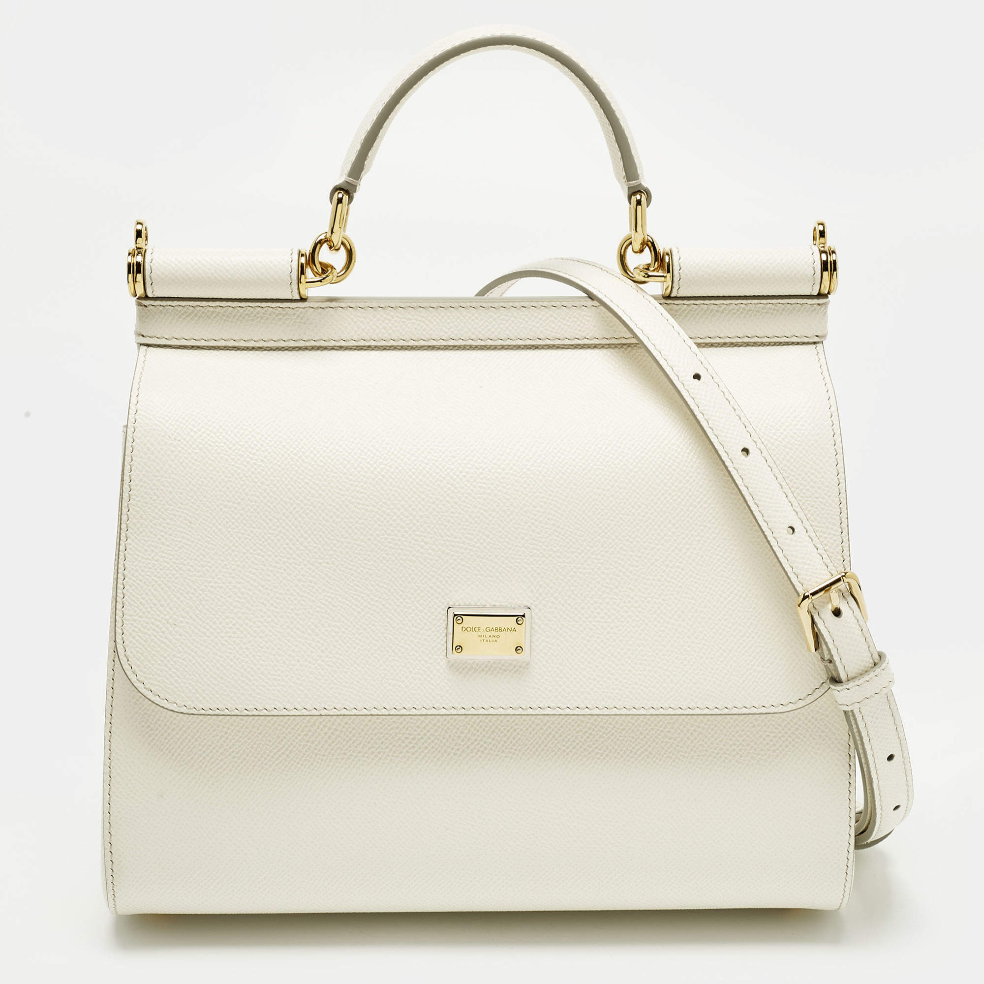 Pre Owned Dolce & Gabbana Miss Sicily Medium Off White Leather Top Handle Bag