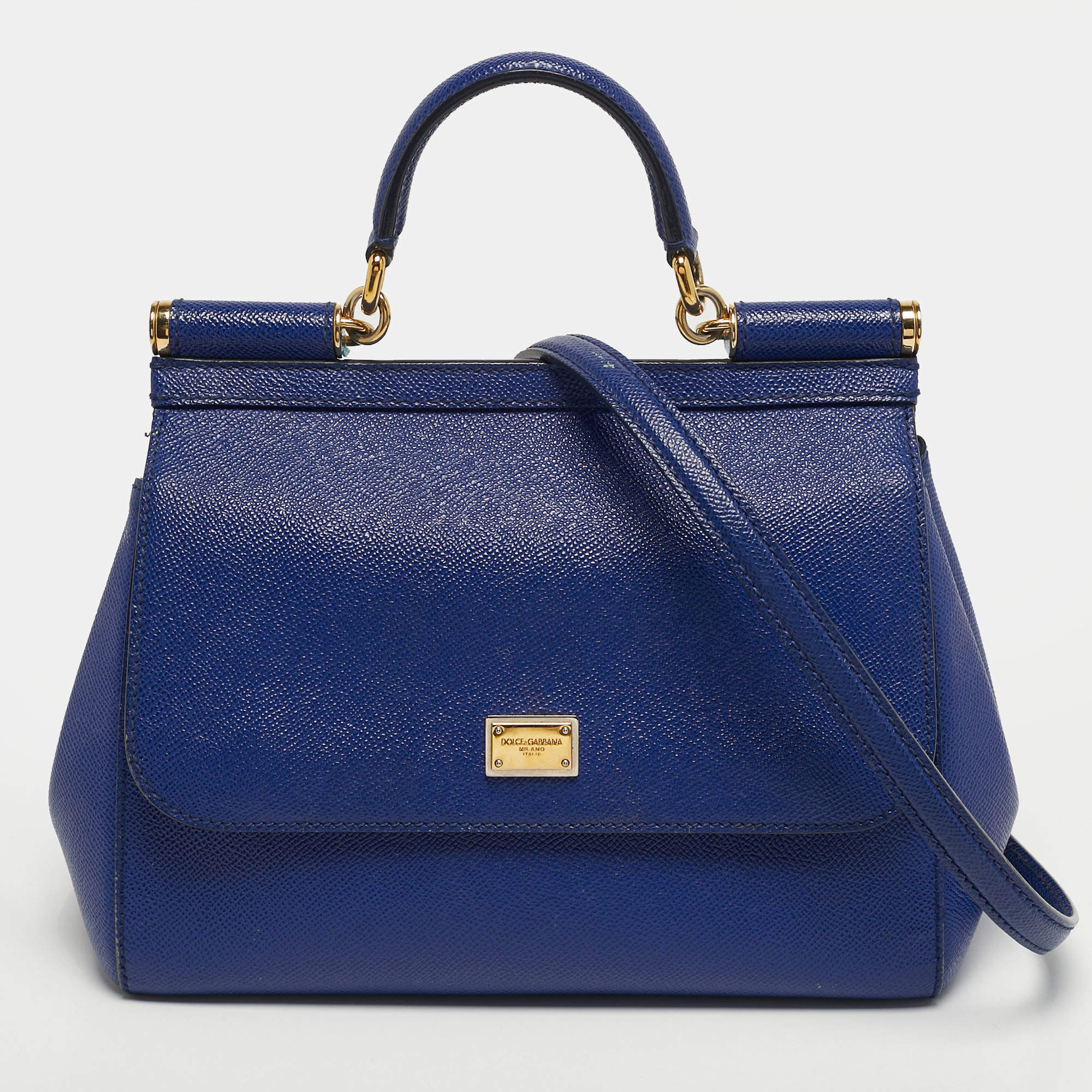 Pre Owned Dolce & Gabbana Miss Sicily Medium Blue Leather Top Handle Bag