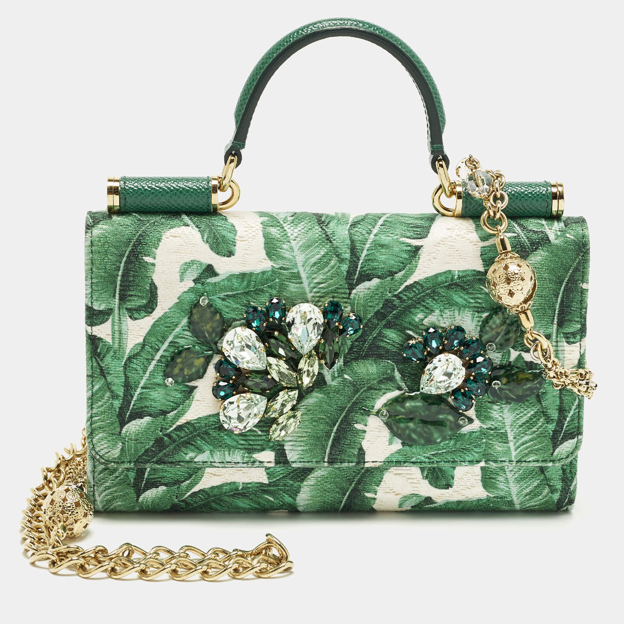 مملوكة مسبقًا Dolce & Gabbana Miss Sicily Von Crystal Green Leaf Print Fabric and Leather Wallet On Chain