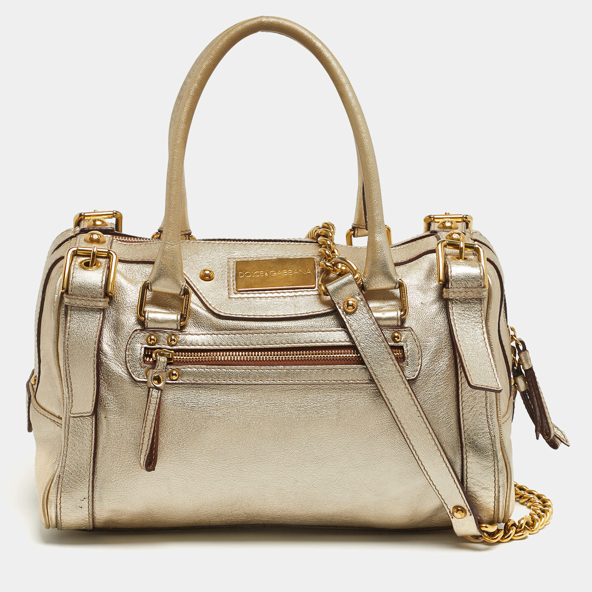 Pre Owned Dolce & Gabbana Miss Easy Way Gold Leather Satchel