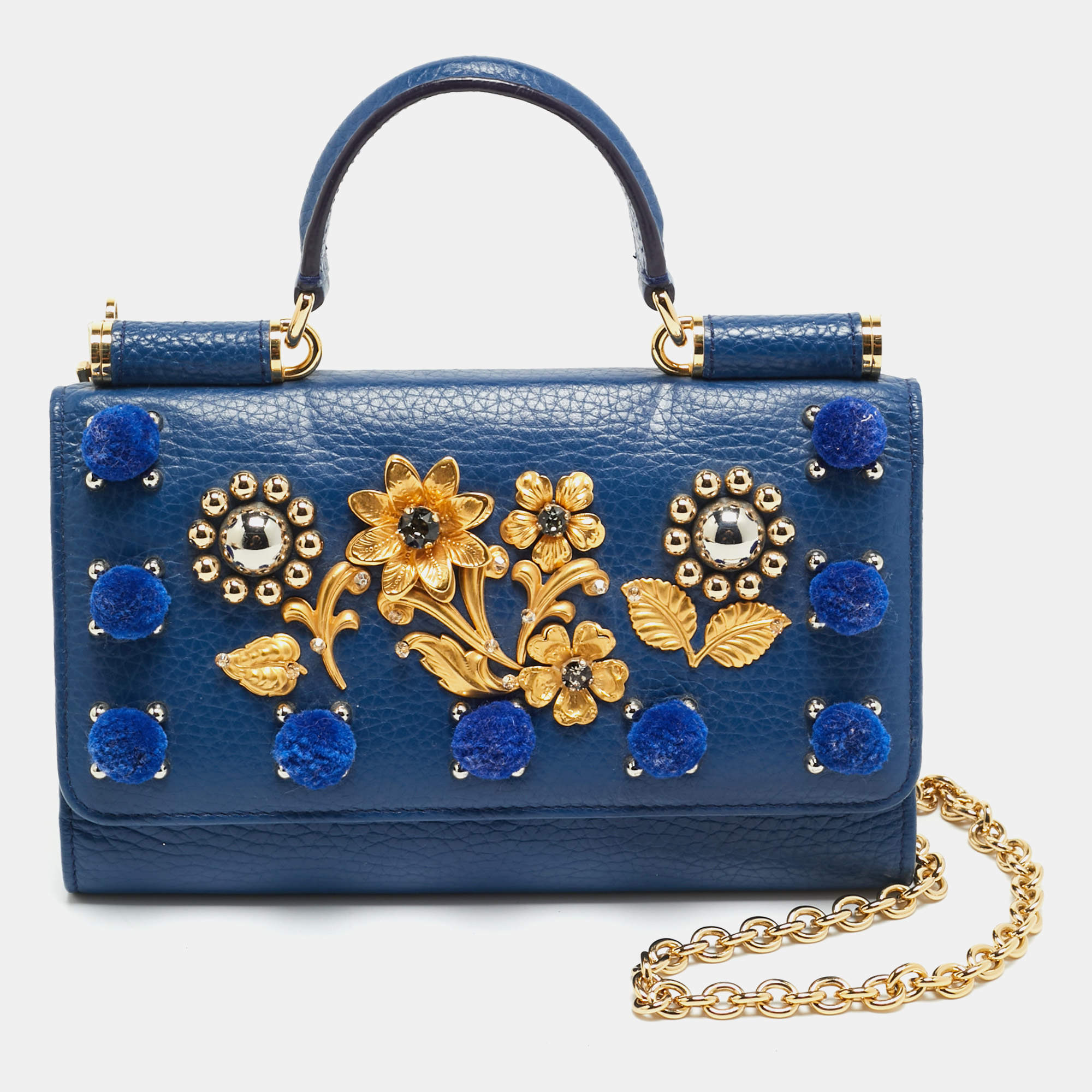 Pre Owned Dolce & Gabbana Miss Sicily Von Embellished Blue Leather Wallet On Chain