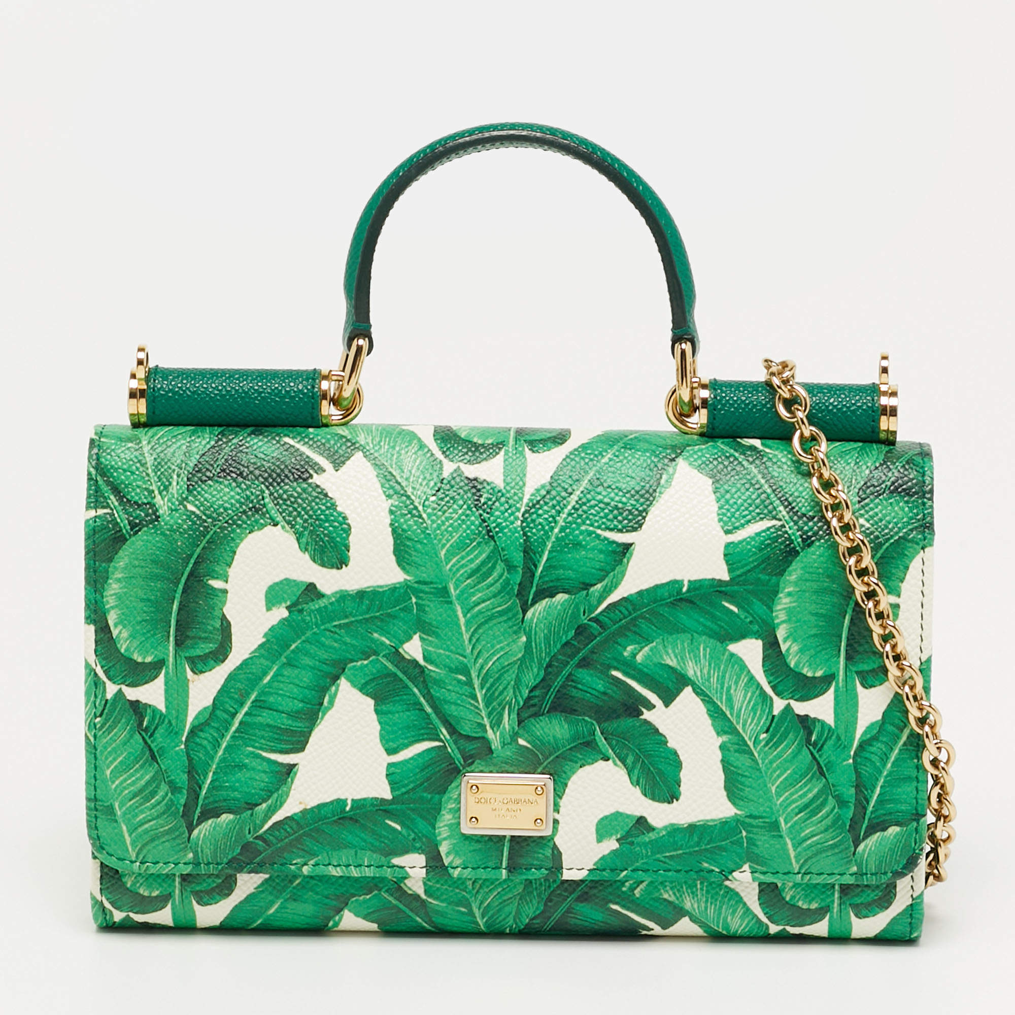 مملوكة مسبقًا Dolce & Gabbana Miss Sicily Leaf Print Leather Wallet on Chain