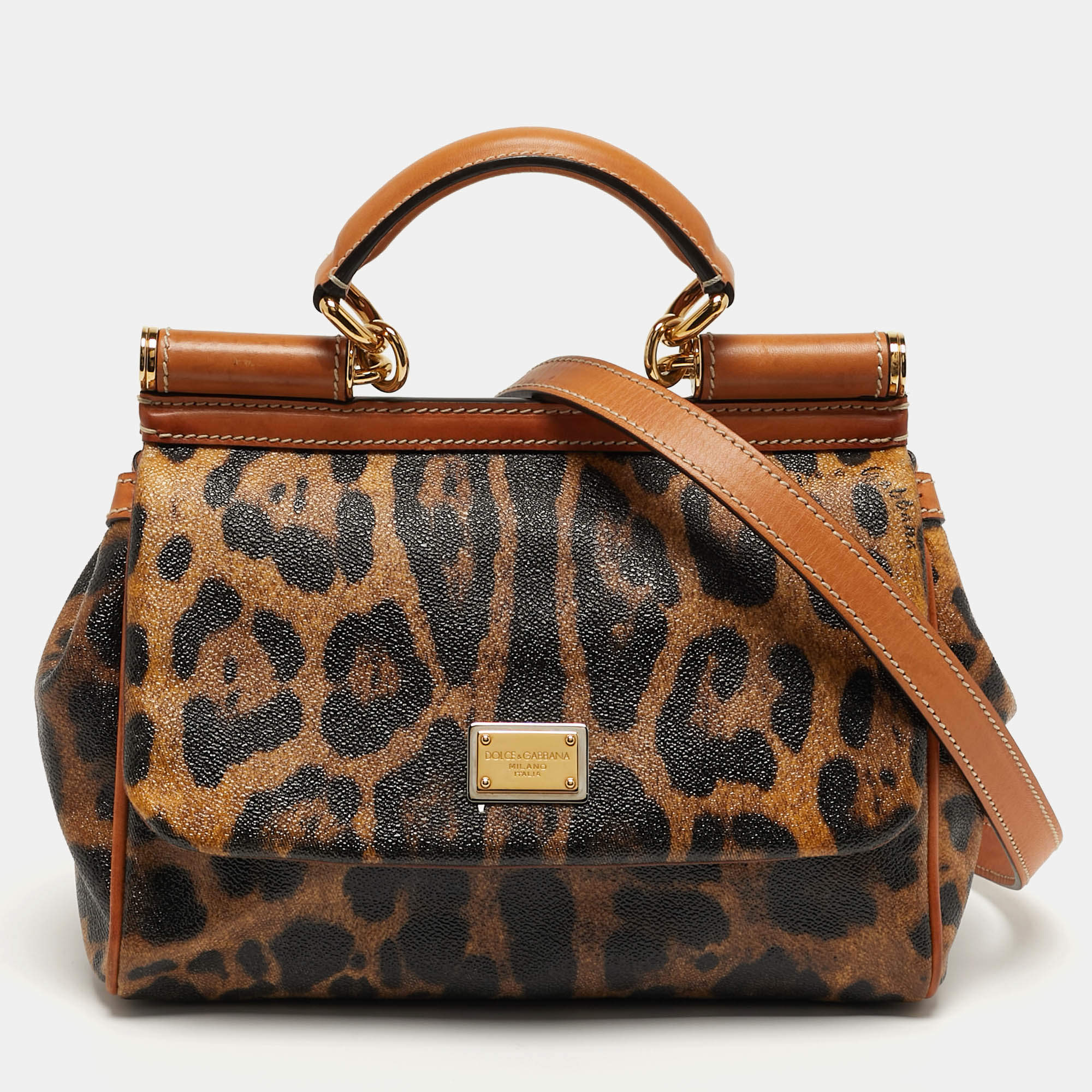 مملوكة مسبقًا Dolce & Gabbana Miss Sicily Medium Tan Leopard Print Coated Canvas and Leather Top Handle Bag