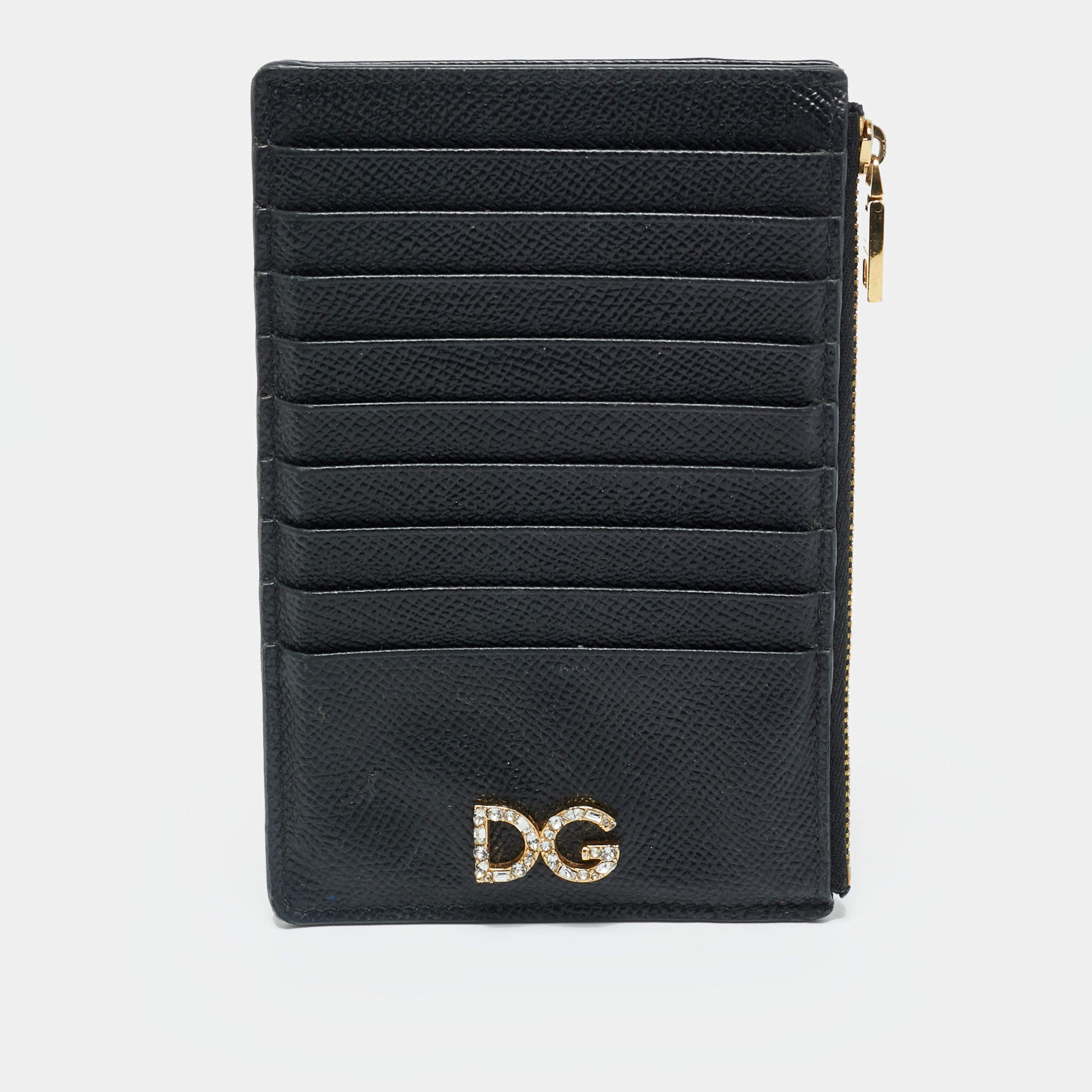 Pre Owned Dolce & Gabbana DG Crystal Logo Black Leather Zip Card Holder