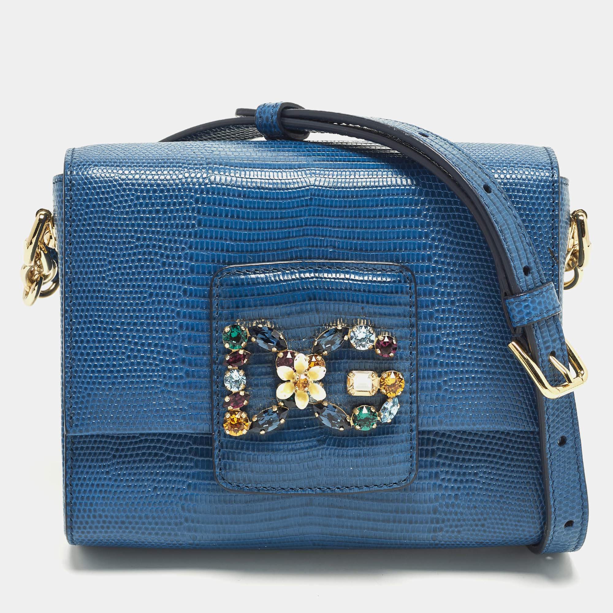 مملوكة مسبقًا Dolce & Gabbana DG Millennials Crystals Mini Blue Lizard Embossed Leather Bag