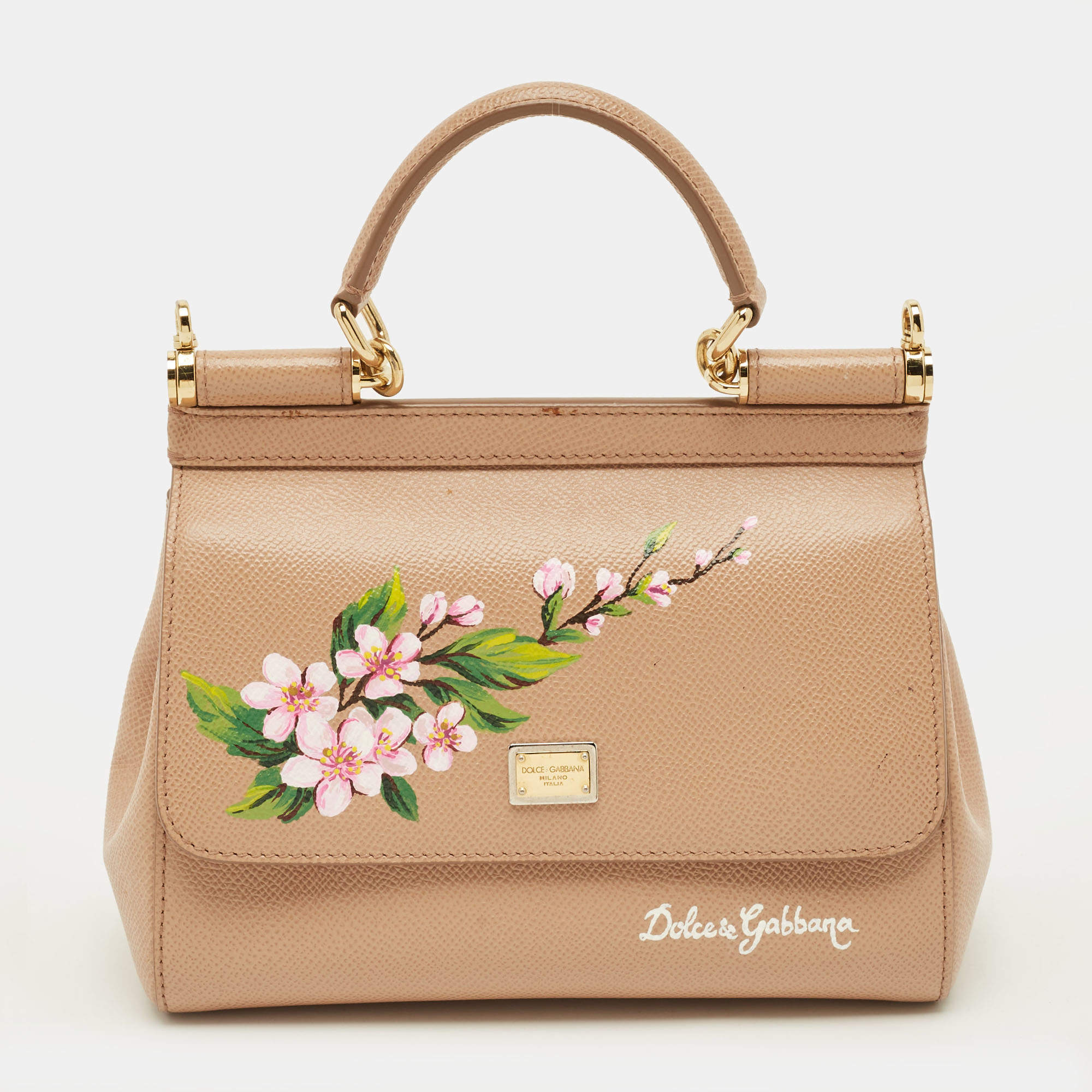 Pre Owned Dolce & Gabbana Floral Print Miss Sicily Beige Leather Top Handle Bag