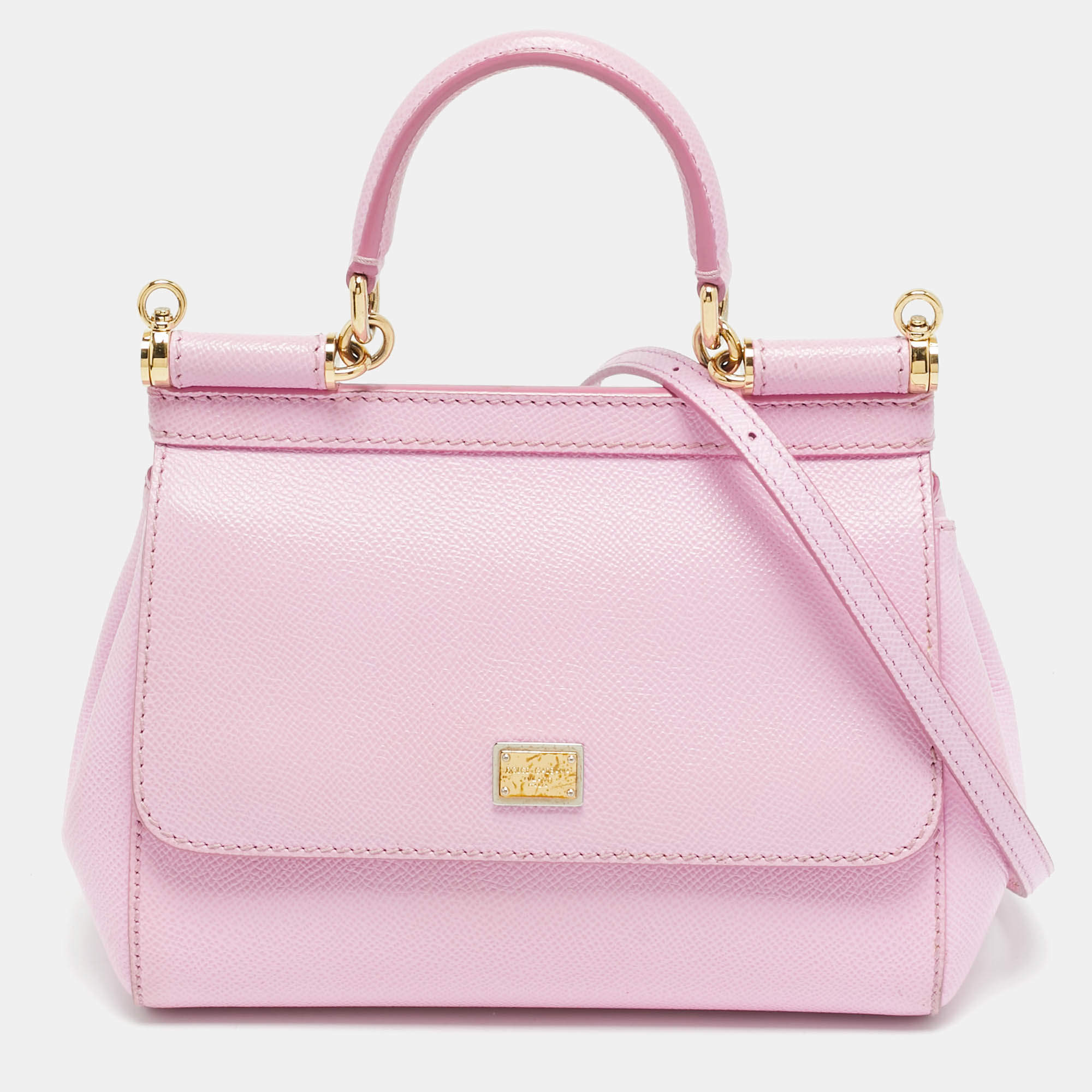 Pre Owned Dolce & Gabbana Miss Sicily Small Pink Leather Top Handle Bag