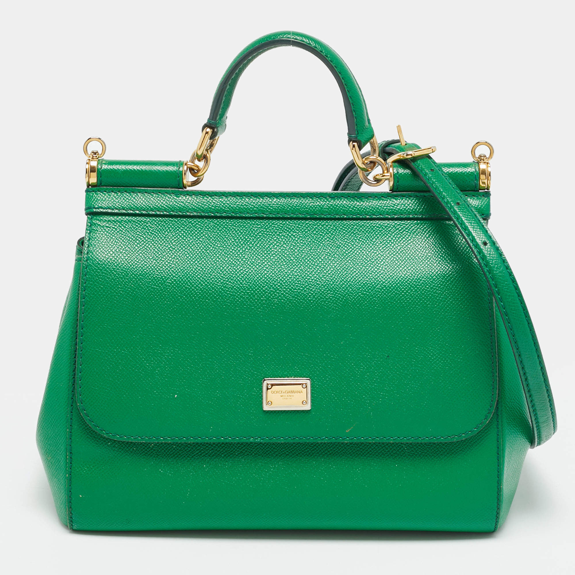 Pre Owned Dolce & Gabbana Miss Sicily Medium Green Leather Top Handle Bag