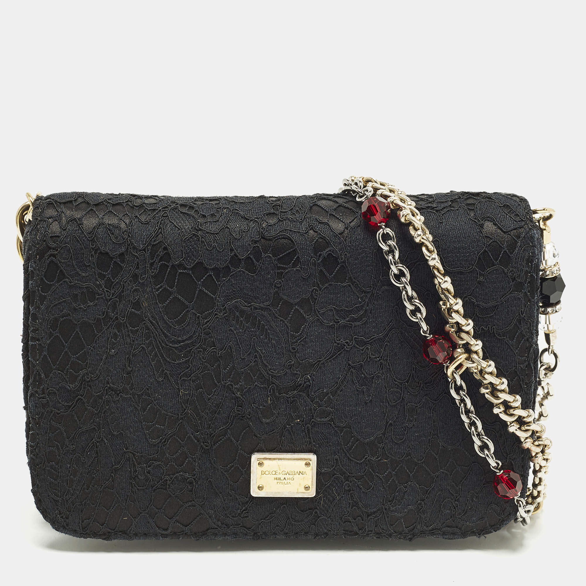 Pre Owned Dolce & Gabbana Black Lace Mini Jewel Chain Flap Bag