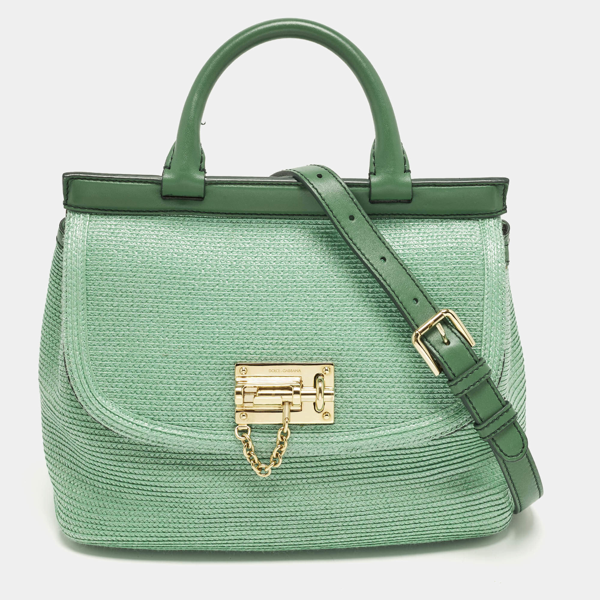 Pre Owned Dolce & Gabbana Miss Monica Green Leather and Raffia Top Handle Bag