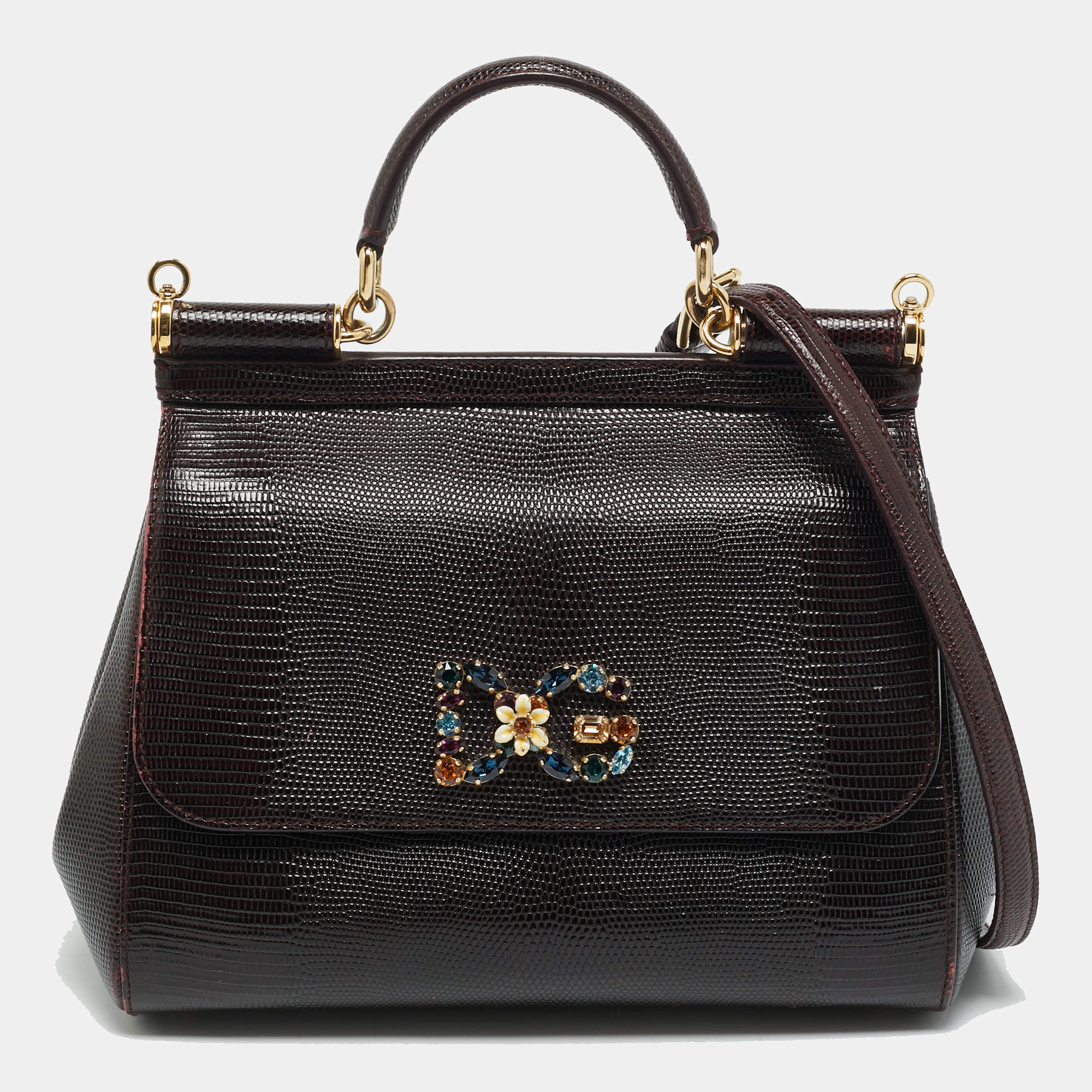 Pre Owned Dolce & Gabbana DG Crystal Sicily Medium Dark Burgundy Lizard Embossed Leather Top Handle Bag