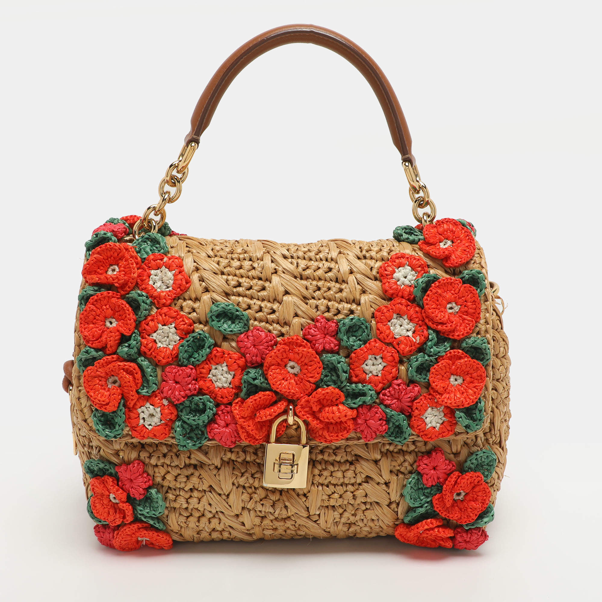 Pre Owned Dolce & Gabbana Miss Dolce Multicolor Floral Applique Raffia Top Handle Bag