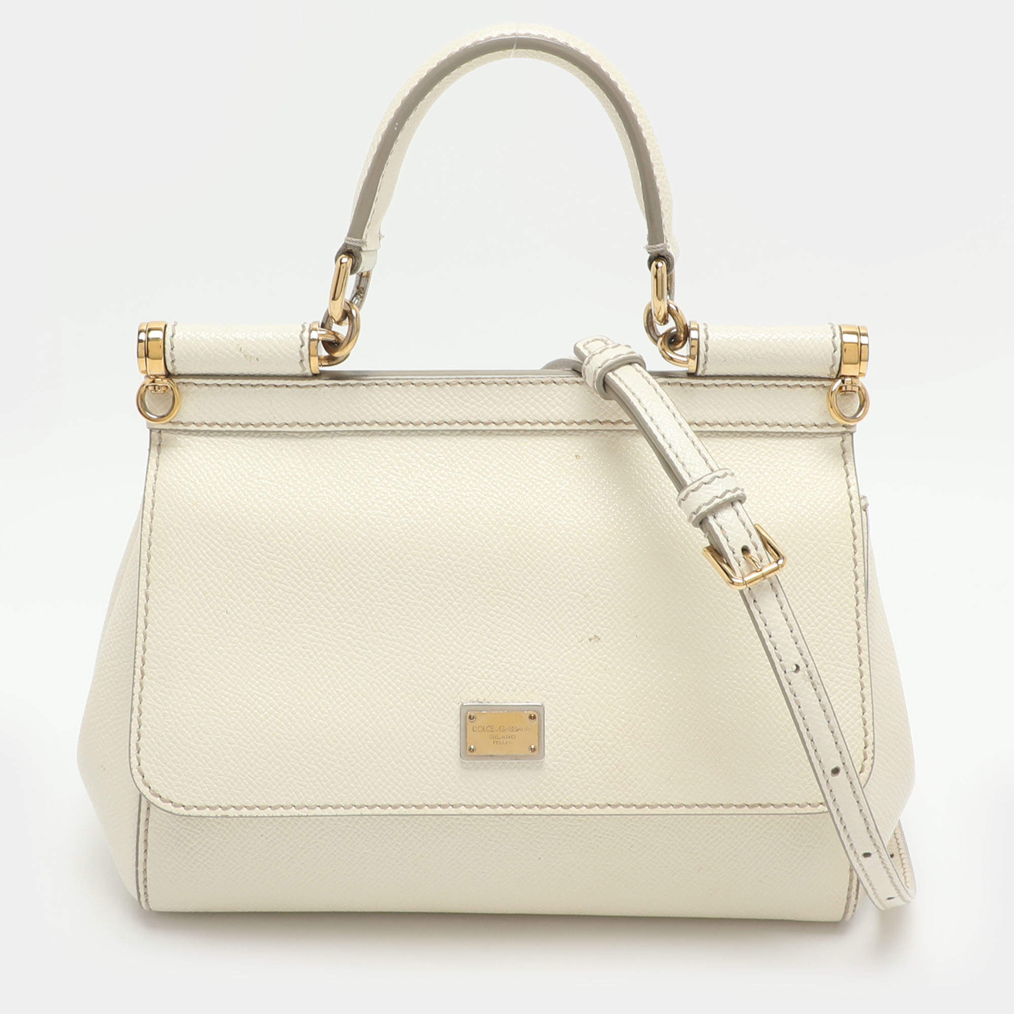 Pre Owned Dolce & Gabbana Miss Sicily Small Cream Leather Top Handle Bag