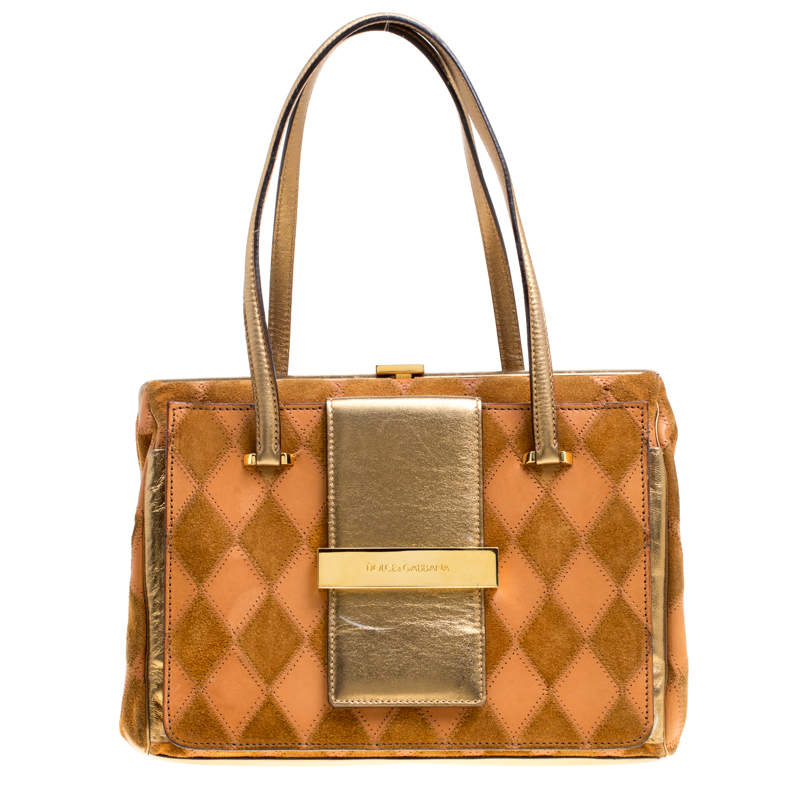 Pre Owned Dolce & Gabbana Peach/Gold Quilted Stitch Leather and Suede Frame Bag 