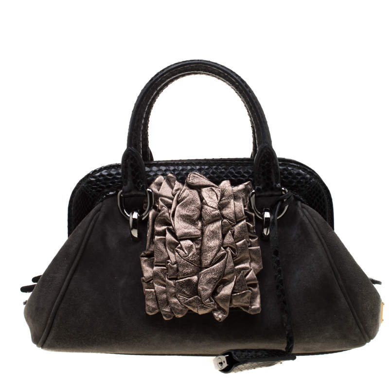 Dolce & Gabbana Black Suede and Python Trim  Frame Satchel