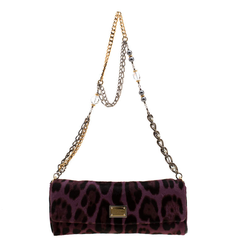 Pre Owned Dolce & Gabbana Purple Leopard Print Calfhair Chain Clutch
