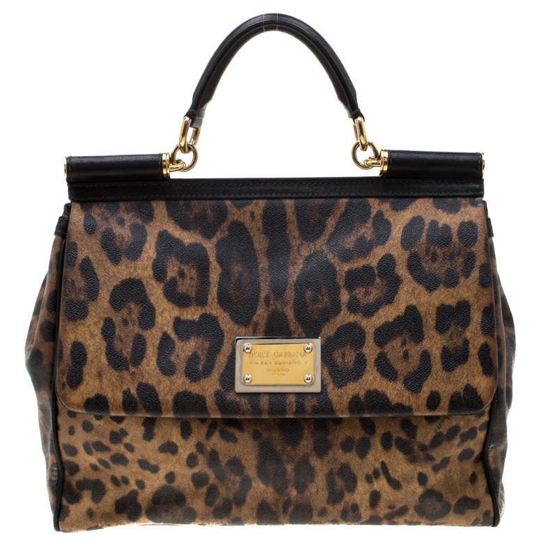 Dolce & Gabbana Leopard Print Coated Canvas and Leather Large Miss Sicily Top Handle Bag 