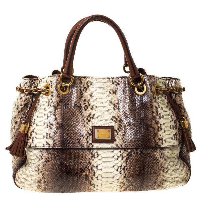 Pre Owned Dolce & Gabbana Brown Python and Leather Hobo