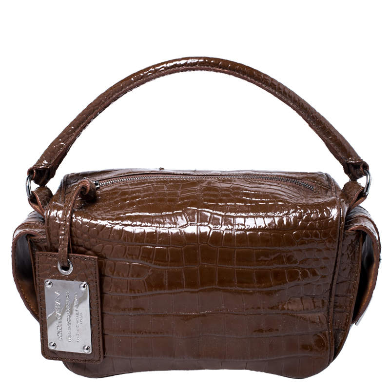 Pre Owned Dolce & Gabbana Brown Croc Embossed Leather Miss Double Top Handle Bag