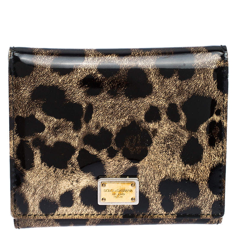Dolce & Gabbana Brown Leopard Print Patent Leather Trifold Wallet