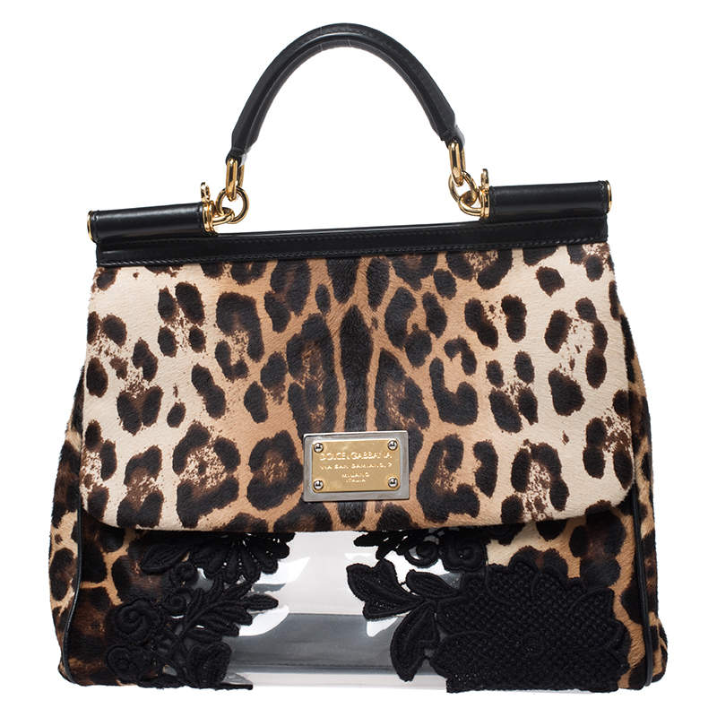 Pre Owned Dolce & Gabbana Black/Brown Leopard Print Calfhair and Lace Transparent Large Miss Sicily Top Handle bag with Pouch