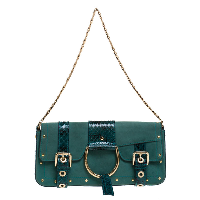 مملوكة مسبقًا Dolce & Gabbana Green Suede and Python Buckle Chain Shoulder Bag