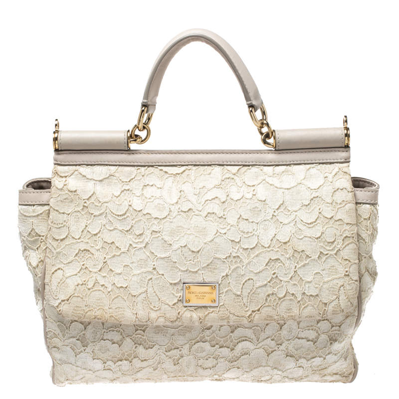 Pre Owned Dolce & Gabbana Off White Lace Miss Sicily Top Handle Bag