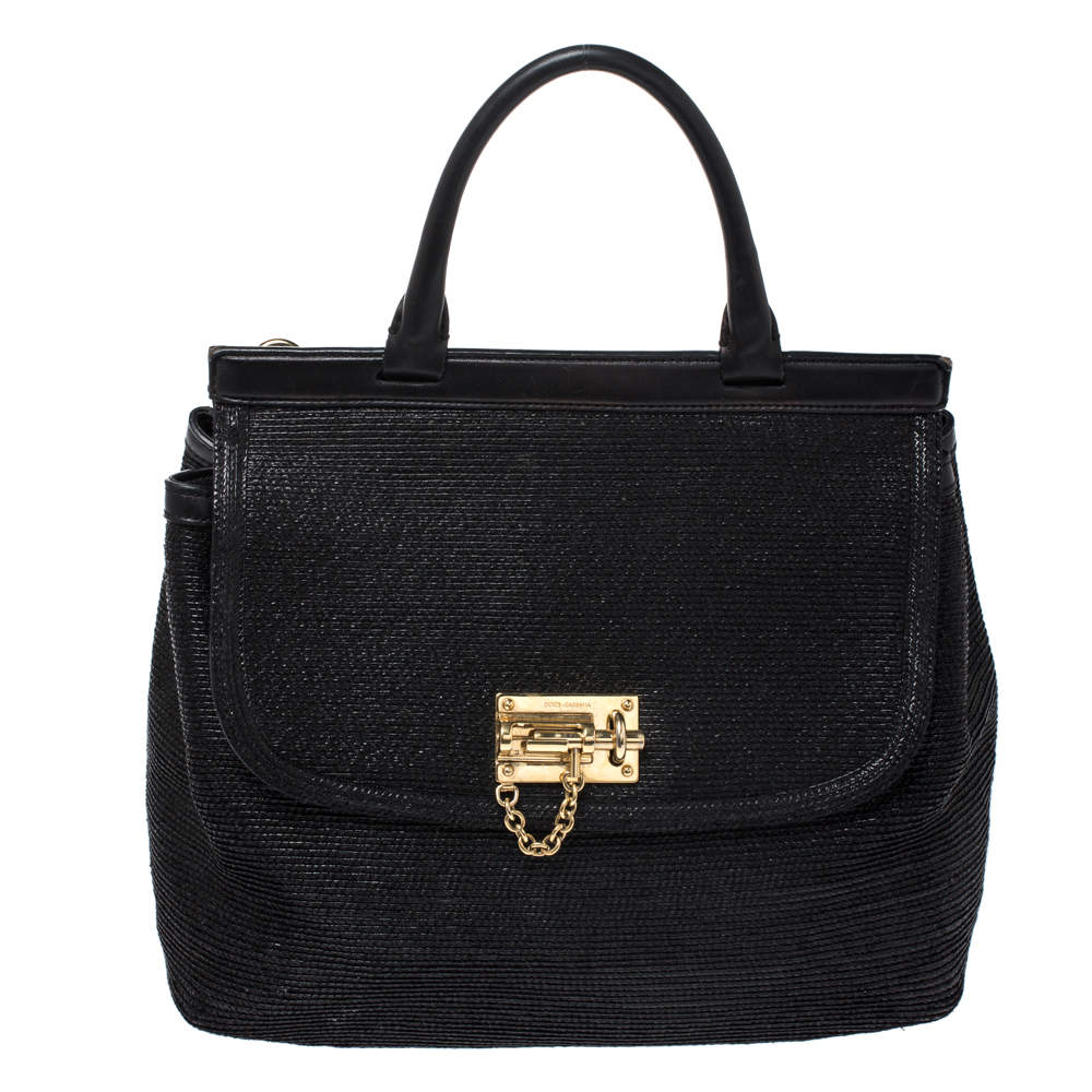 Pre Owned Dolce & Gabbana Black Woven Straw and Leather Miss Sicily Top Handle Bag