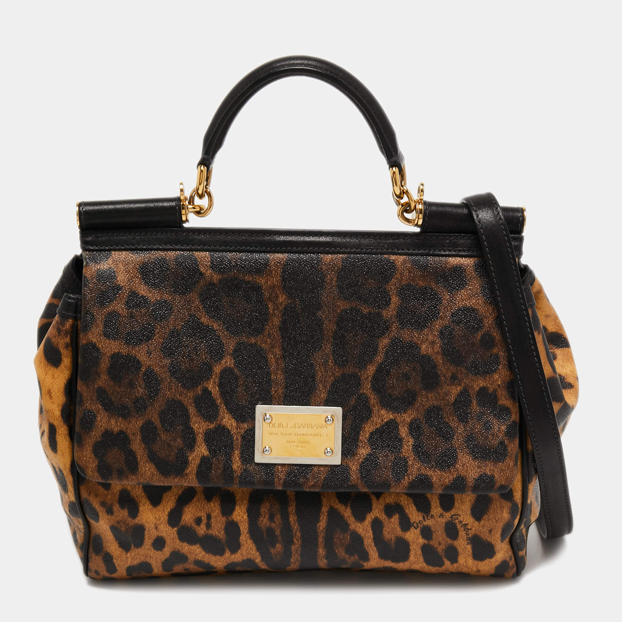 Pre Owned Dolce & Gabbana Black/Brown Leopard Print Coated Canvas and Leather Large Miss Sicily Top Handle Bag
