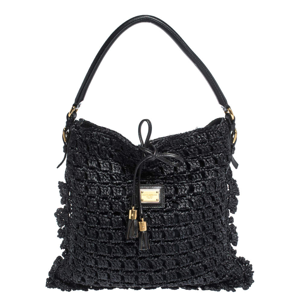 Pre Owned Dolce & Gabbana Black Crochet Straw and Leather Hobo 