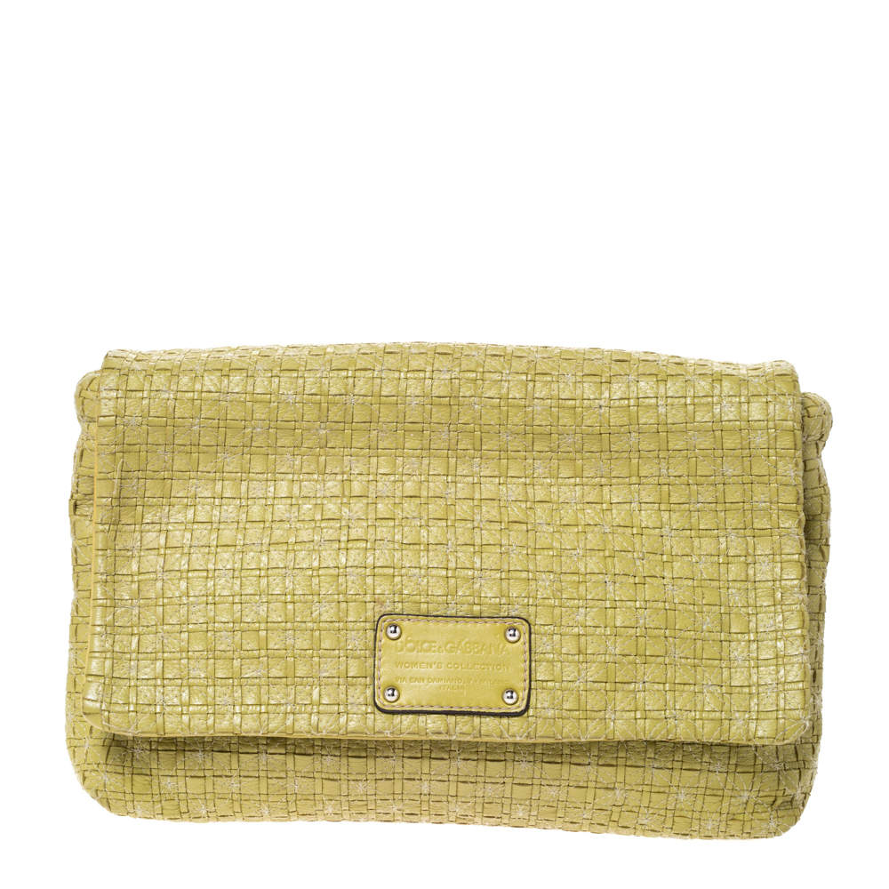 Pre Owned Dolce & Gabbana Lime Green Woven Leather Miss Lexington Clutch