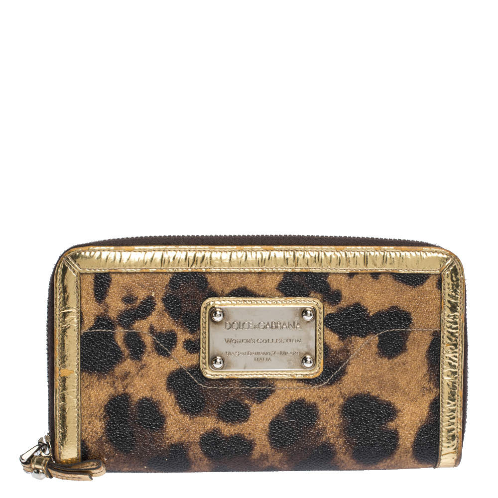 Pre Owned محفظة دولتشي أند غابانا سحاب ملتف جلد لامعة وكانافاس مقوى طباعة فهد سوداء/ بنية